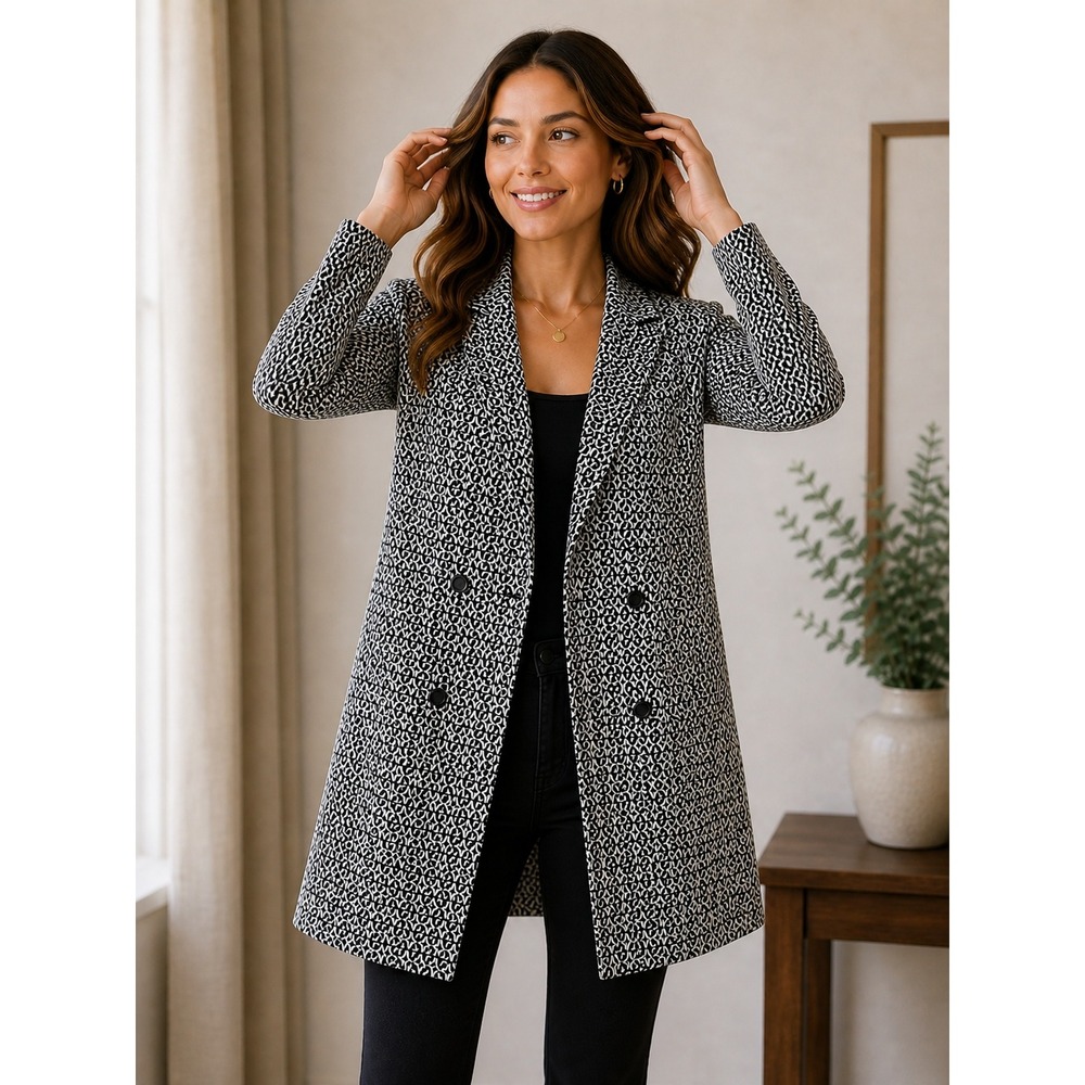 Cato Womens Black White Geometric Print Double Breasted Longline Blazer Large‎